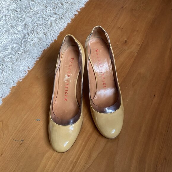 Walter Steiger Heels Pin Up Nude Beige Camel Pumps 38 / 7.5 Patent Leather Round - Picture 6 of 13